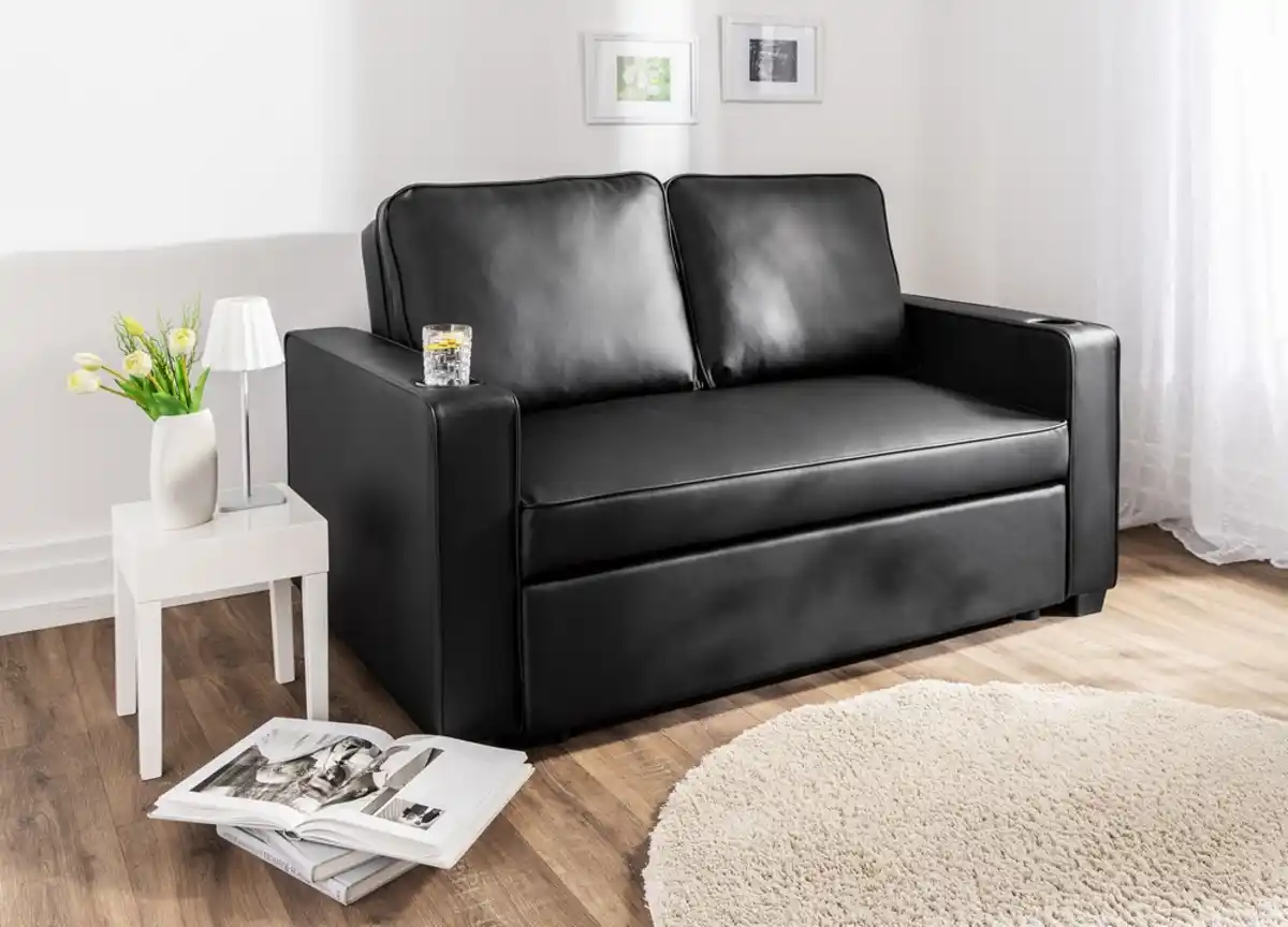 Bild 1 von 2-Sitzer Sofabett inkl. Kissen, ca. 150 x 96 x 86 cm - Lederoptik Schwarz