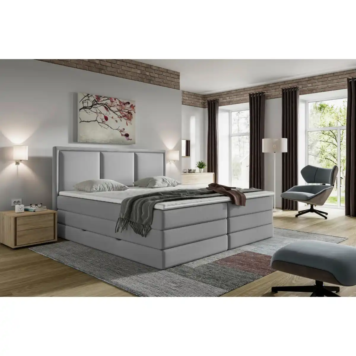 Bild 1 von Mid.you Boxspringbett, Grau, Kunststoff, H2 + H3, 7-Zonen, Höhe ca. 18 cm, 160x200 cm, Bettkasten, gepolstertes Kopfteil, Stoffauswahl, Topper durchgehend, Wendematratze mit unterschiedlichen Härte