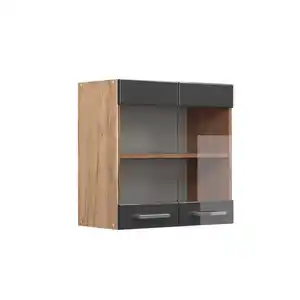 Vicco Küchenglasschrank, Schwarz Hochglanz, Honigeiche, Holzwerkstoff, 1 Fächer, Rechteckig, 60x60x31 cm, Küchen, Küchenmöbel, Küchenschränke, Küchenoberschränke