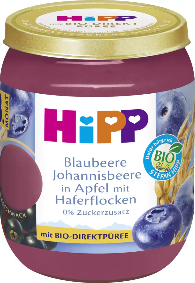 Bild 2 von HiPP Bio Frucht und Getreide Blaubeere Johannisbeere in Apfel mit Hafer, 160 g