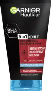 Garnier SkinActive Hautklar 3in1 Renigung, Peeling & Maske Anti-Mitesser mit Kohle, 150 ml