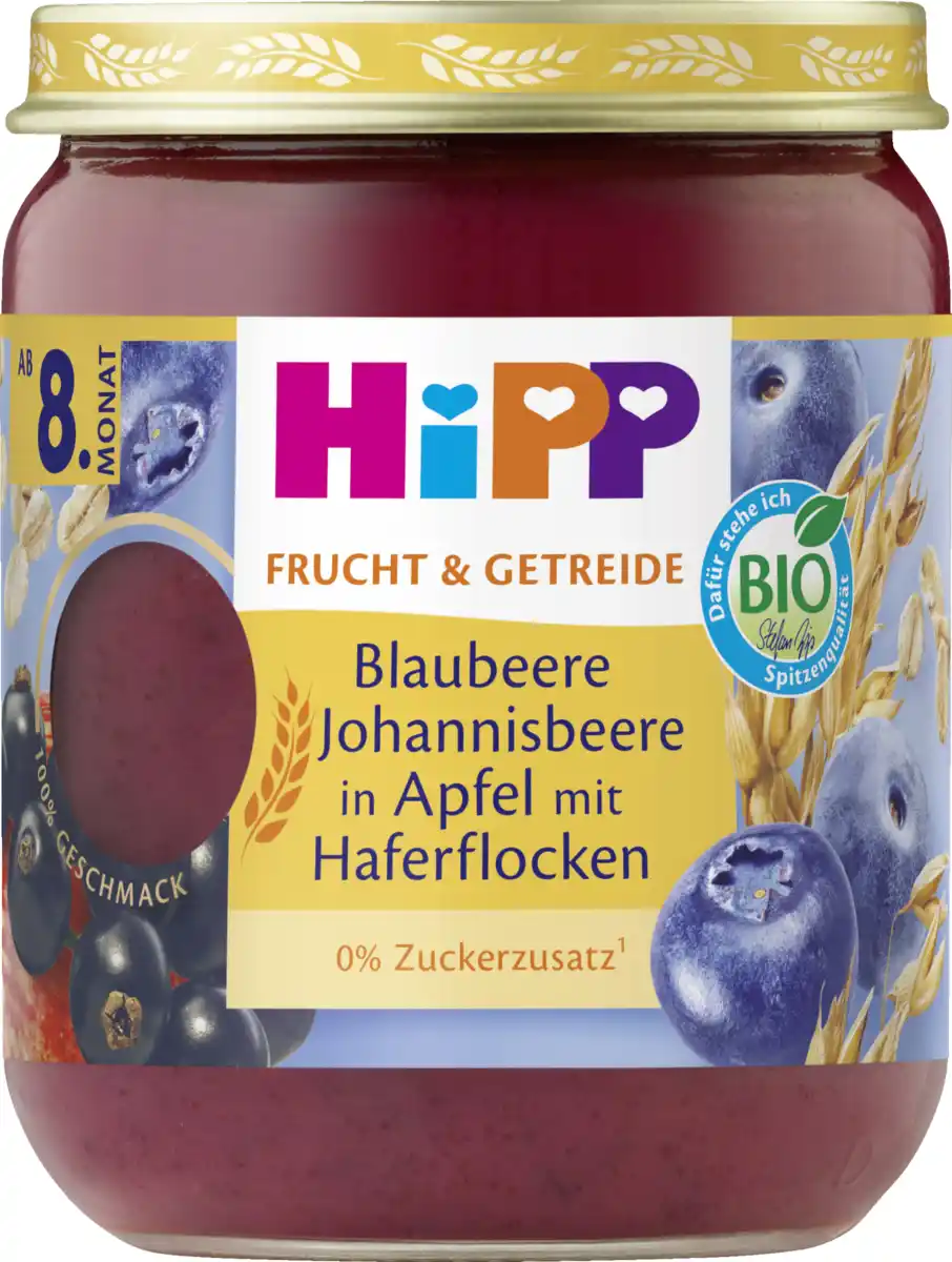 Bild 1 von HiPP Bio Frucht und Getreide Blaubeere Johannisbeere in Apfel mit Hafer, 160 g