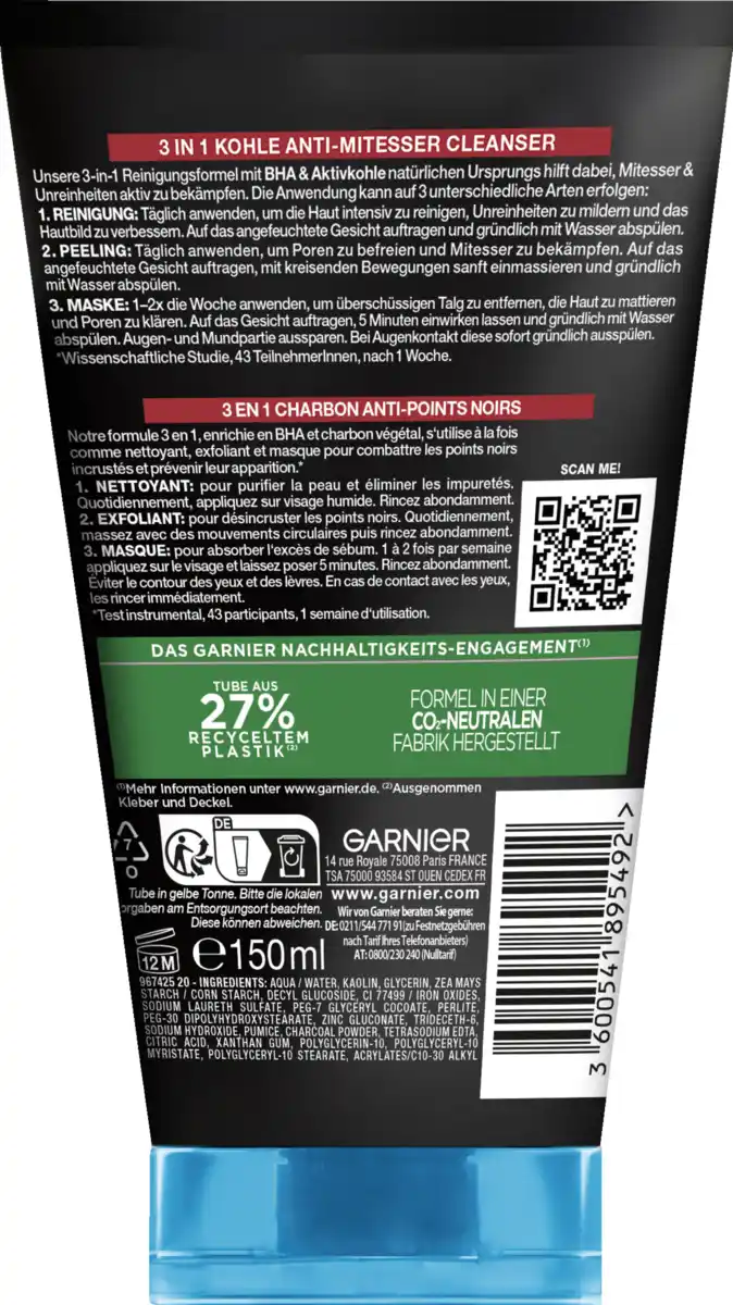 Bild 2 von Garnier SkinActive Hautklar 3in1 Renigung, Peeling & Maske Anti-Mitesser mit Kohle, 150 ml