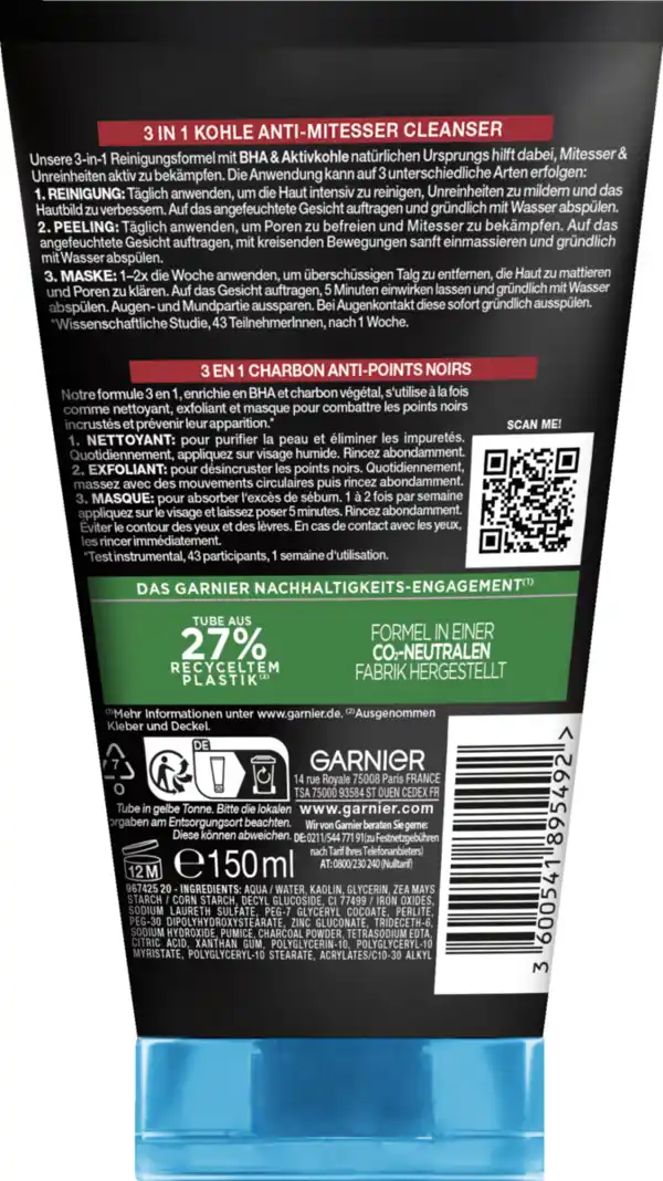 Bild 2 von Garnier SkinActive Hautklar 3in1 Renigung, Peeling & Maske Anti-Mitesser mit Kohle, 150 ml