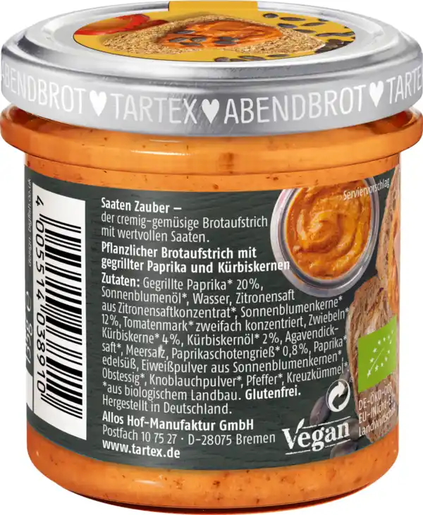 Bild 2 von Tartex Bio Abendbrotaufstrich Kürbiskern gegrillte Paprika, 135 g