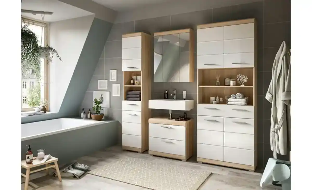 Bild 3 von Badmöbel-Set SCHLOONSEE, 4 teilig, bestehend aus: Hochschrank schmal, WBU, Spiegelschrank, Hochschrank breit Schloonsee