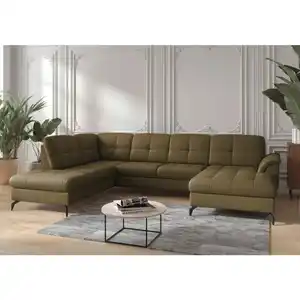 Sit & More Wohnlandschaft Zora E, Olivgrün, Metall, Echtleder, Nappaleder, 7,5-Sitzer, Ottomane links, U-Form, 319x212 cm, Goldenes M, Made in Europe, DGM-Klimapakt, Rücken echt, Armteil rechts, Wo