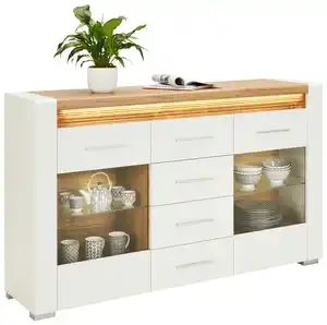 Sideboard Leonardo in Weiß Hochglanz, Weiß, Eichefarben