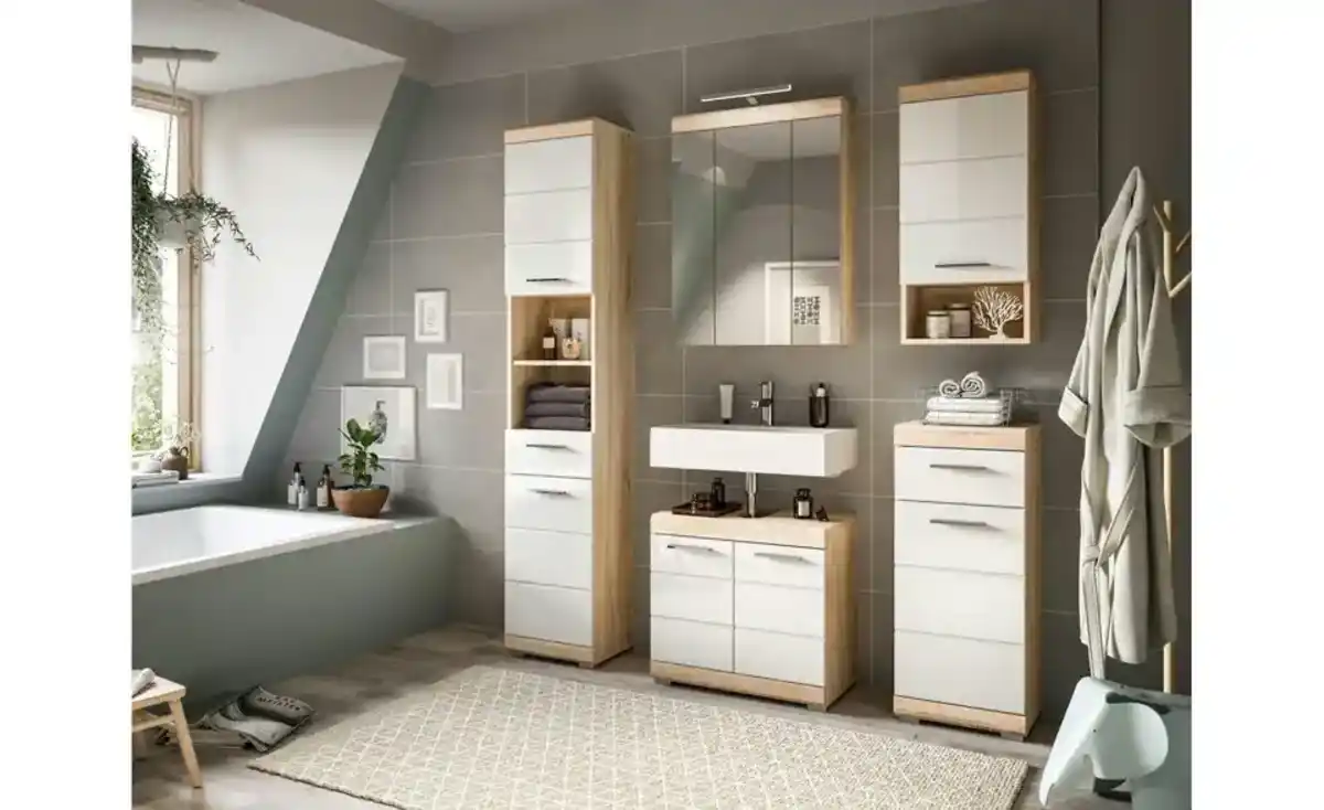 Bild 1 von Badmöbel-Set SCHLOONSEE, 2 tlg., bestehend aus: Waschbeckenunterschrank, Spiegelschrank, in verschiedenen Farben erhältlich, Badmöbel, Kombination, Badezimmer Schloonsee