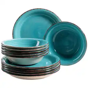 Mäser Tafelservice, Türkis, Keramik, 12-teilig, handbemalt, Essen & Trinken, Geschirr, Geschirr-Sets, Tafelservice