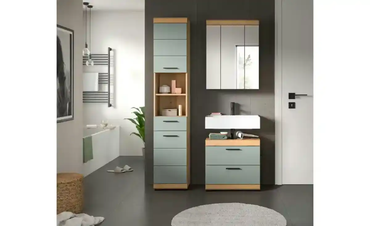 Bild 1 von Badmöbel-Set SCHLOONSEE, 3 teilig, bestehend aus: Hochschrank, Waschbeckenunterschrank, Spiegelschrank, Hochschrank, Waschbeckenunterschrank, Spiegelschrank Schloonsee