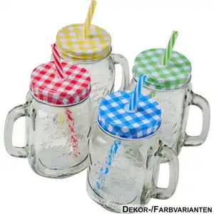 Trinkglas 450 ml mit Deckel und Henkel, 4-fach sortiert
