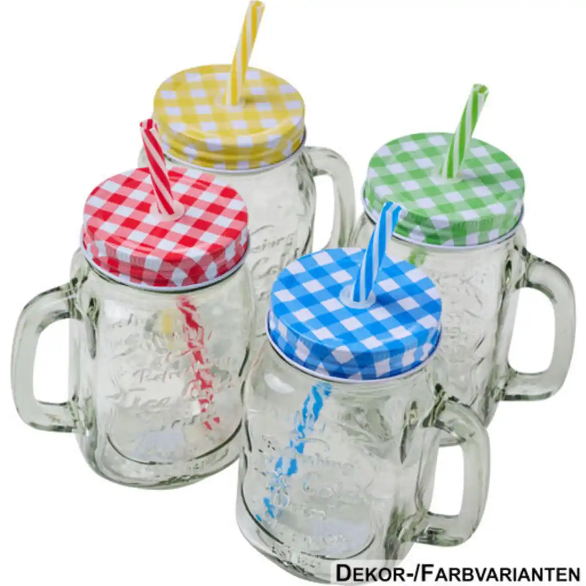 Bild 1 von Trinkglas 450 ml mit Deckel und Henkel, 4-fach sortiert