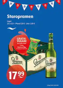 Staropramen Lager Gratiszugabe beim Kauf einer Kiste: 1 Tüte Wurzener Flips, nur solange der Vorrat reicht.