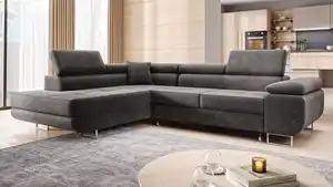 Möbel Punkt Ecksofa Monaco Samt Grau mit Bettkasten Kopfteilverstellung Ottomane links, verstellbar