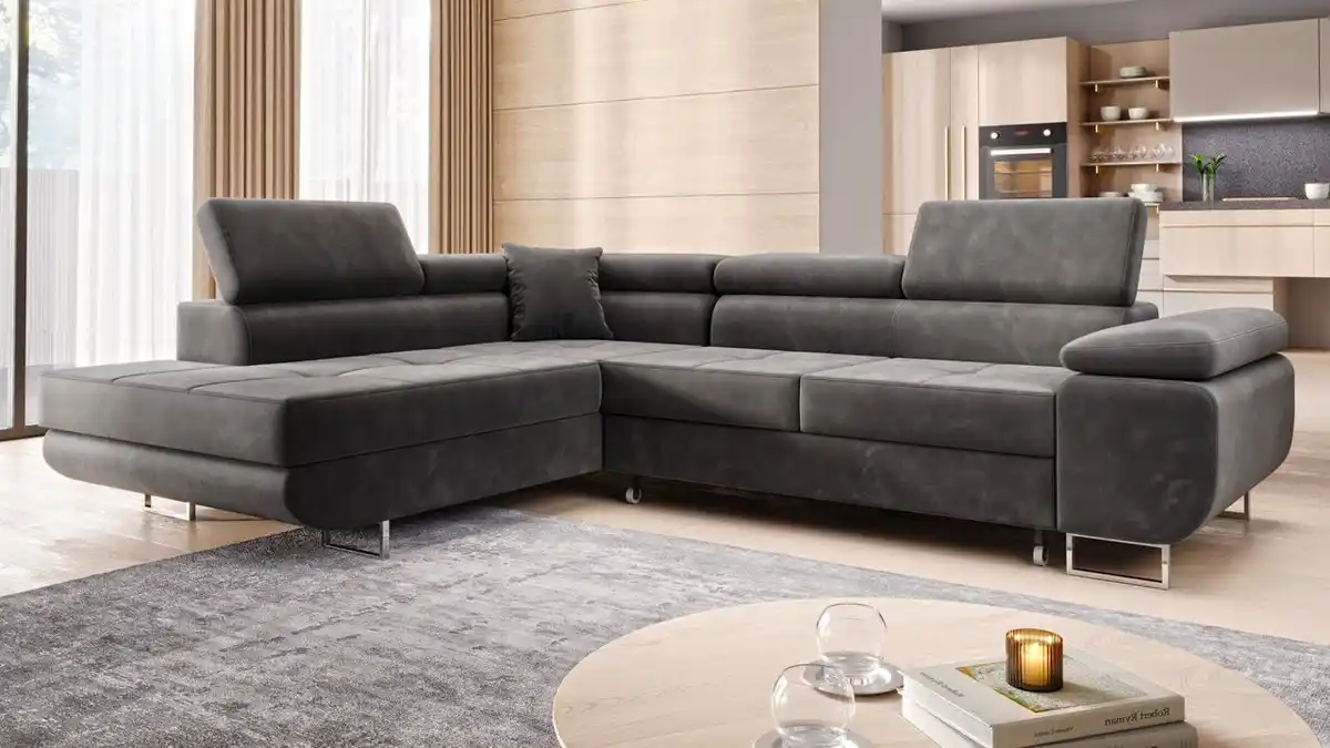Bild 1 von Möbel Punkt Ecksofa Monaco Samt Grau mit Bettkasten Kopfteilverstellung Ottomane links, verstellbar