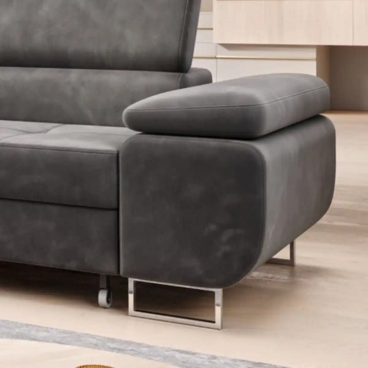 Bild 4 von Möbel Punkt Ecksofa Monaco Samt Grau mit Bettkasten Kopfteilverstellung Ottomane links, verstellbar