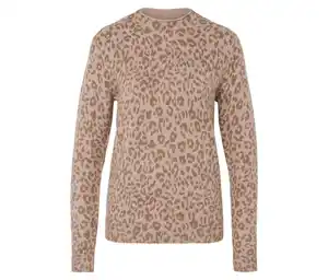 Strickpullover mit Stehkragen, beige meliert mit hellbraunem Leo-Alloverprint