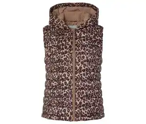 Steppweste mit Kapuze, beige mit braun-schwarzem Leo-Alloverprint