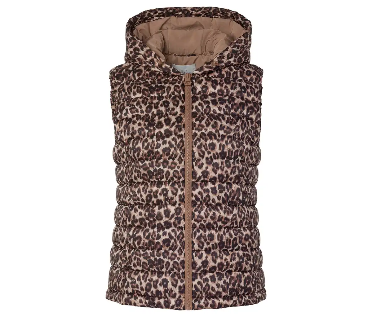Bild 1 von Steppweste mit Kapuze, beige mit braun-schwarzem Leo-Alloverprint