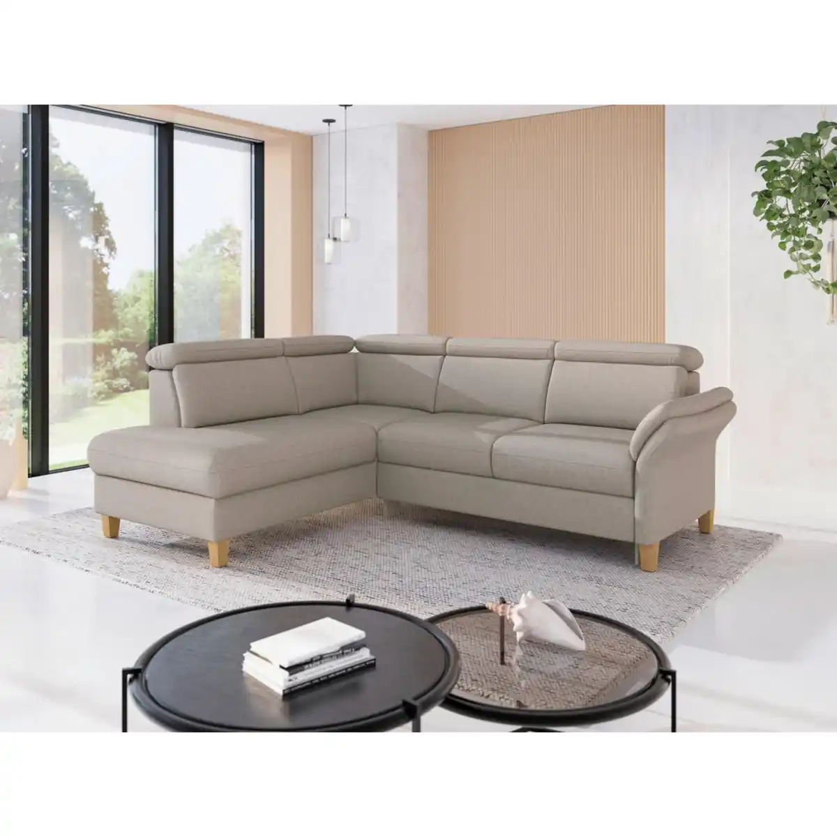 Bild 1 von Sit & More Ecksofa Glendale E, Taupe, Holz, Eiche, massiv, 5,5-Sitzer, Ottomane links, L-Form, 247x193 cm, Goldenes M, Oeko-Tex® Standard 100, Made in Europe, DGM-Klimapakt, Rücken echt, Armteil re