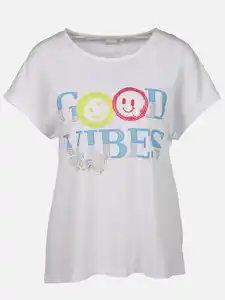 Damen T-Shirt mit Motivprint und Glitzersteinen Weiß