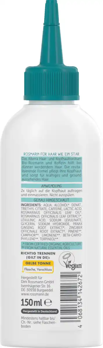 Bild 2 von Alterra Haar- und Kopfhauttonikum Bio-Rosmarin Koffein, 150 ml