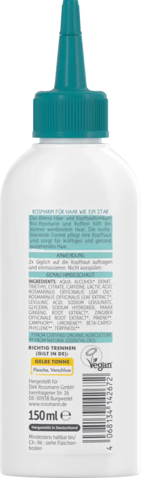 Bild 2 von Alterra Haar- und Kopfhauttonikum Bio-Rosmarin Koffein, 150 ml