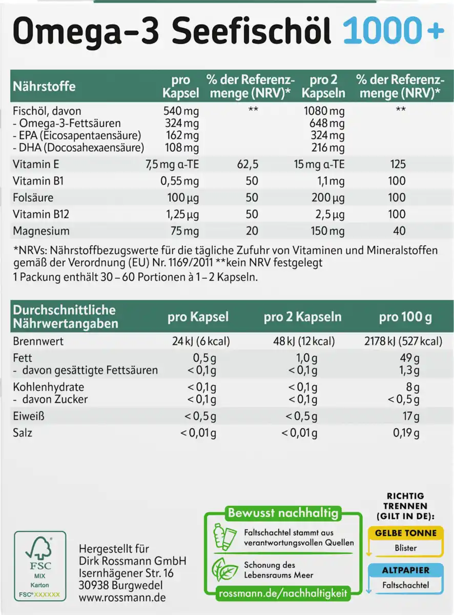 Bild 4 von altapharma Omega-3 Seefischöl 1000+ B-Vitamine + Folsäure + Magnesium + Vitamin E, 65 g