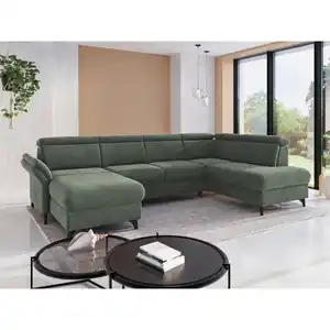 Sit & More Wohnlandschaft Glendale E, Dunkelgrün, Metall, 7,5-Sitzer, Ottomane rechts, U-Form, 321x193 cm, DGM-Klimapakt, Made in Europe, Oeko-Tex® Standard 100, Goldenes M, Rücken echt, Armteil l