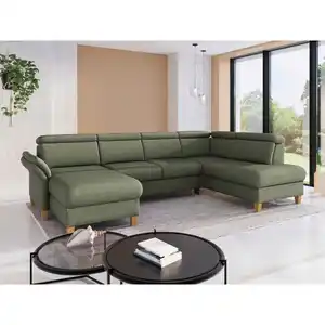 Sit & More Wohnlandschaft Glendale E, Olivgrün, Holz, Eiche, massiv, 7,5-Sitzer, Ottomane rechts, U-Form, 321x193 cm, Made in Europe, DGM-Klimapakt, Oeko-Tex® Standard 100, Goldenes M, Rücken echt