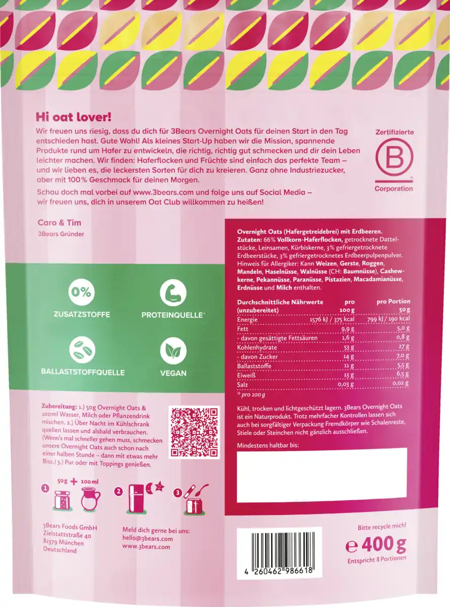 Bild 2 von 3Bears Overnight Oats Edle Erdbeere, 400 g