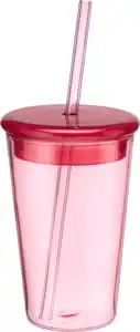 dm home Trinkbecher mit Deckel und Strohhalm aus Glas, rosa/rot (400 ml), 1 St