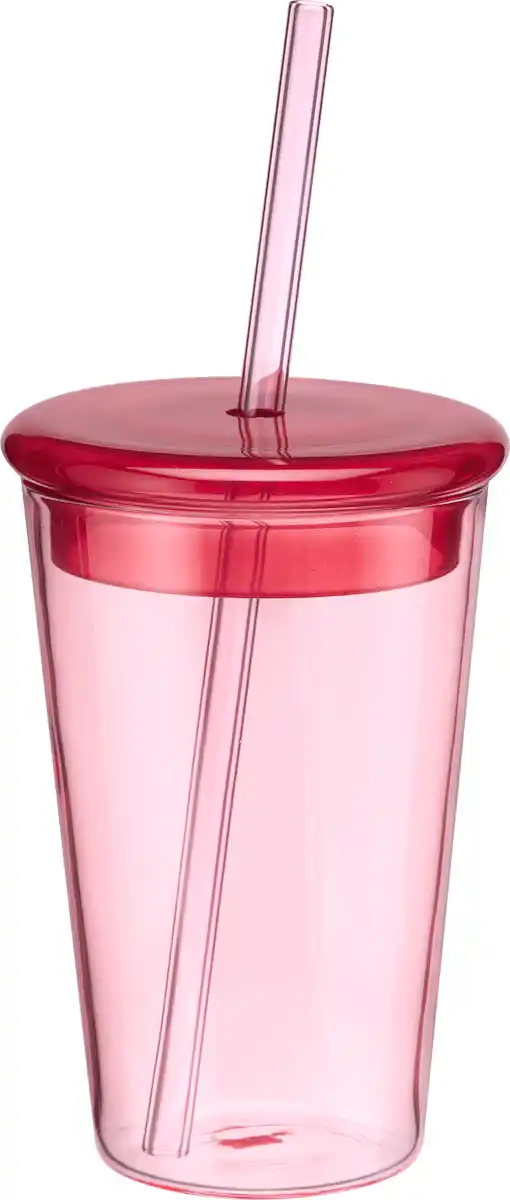 Bild 1 von dm home Trinkbecher mit Deckel und Strohhalm aus Glas, rosa/rot (400 ml), 1 St