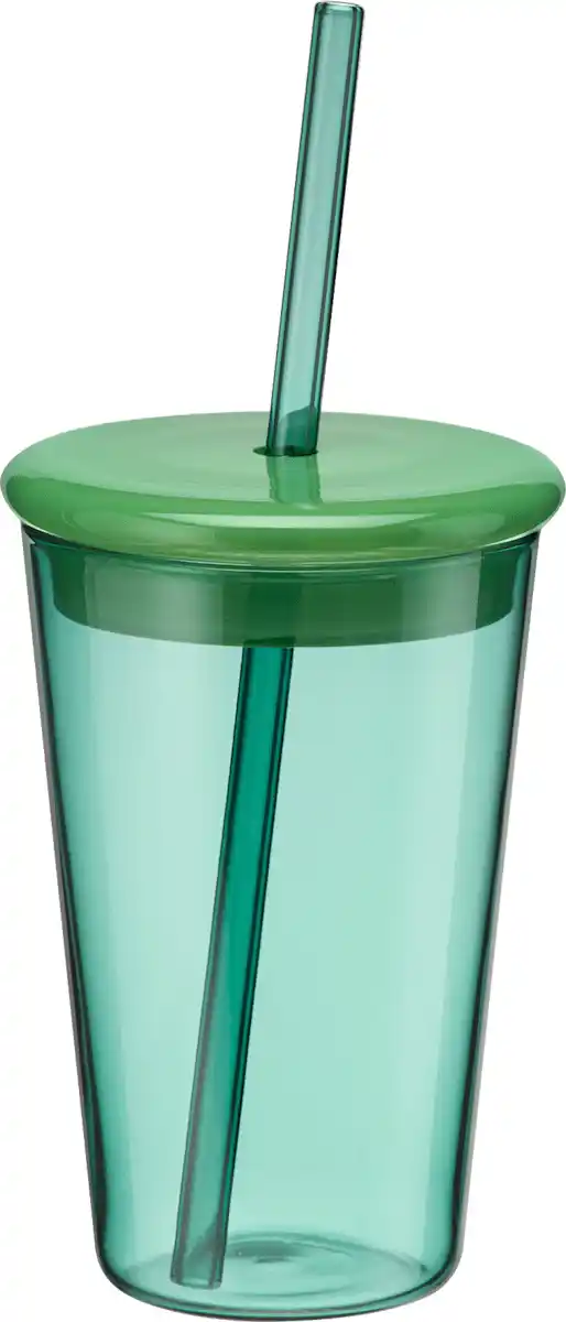 Bild 1 von dm home Trinkbecher mit Deckel und Strohhalm aus Glas, grün (400 ml), 1 St