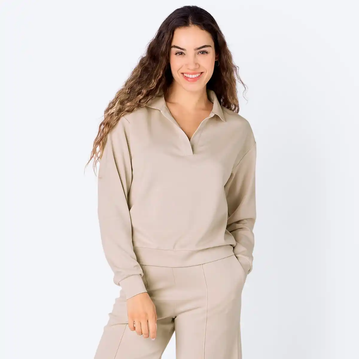 Bild 1 von Damen-Langarmshirt mit Polokragen aus Modal-Mix