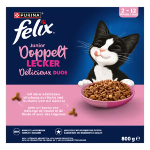 Bild 2 von felix Katzentrockenfutter »Doppelt Lecker«, Junior, mit Huhn, Truthahn, Milch und Gemüse, 800 g