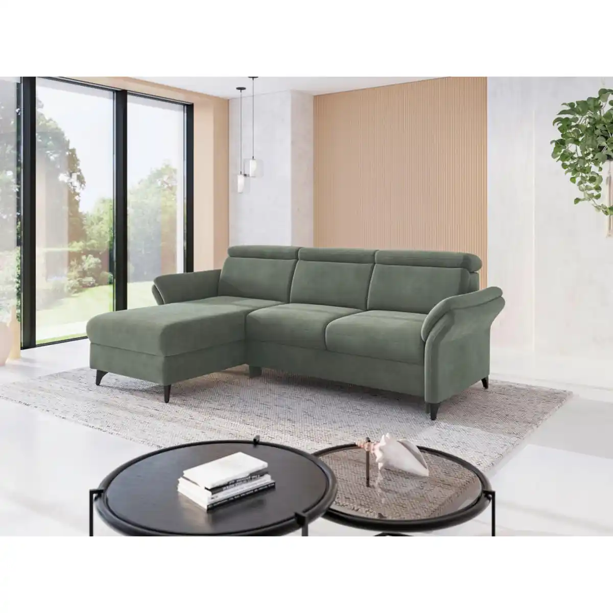 Bild 1 von Sit & More Ecksofa Glendale E, Dunkelgrün, Metall, 4,5-Sitzer, Ottomane links, L-Form, 253x166 cm, Goldenes M, Oeko-Tex® Standard 100, Made in Europe, DGM-Klimapakt, Rücken echt, Armteil links, re
