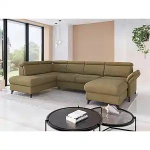 Sit & More Wohnlandschaft Glendale E, Olivgrün, Metall, 7,5-Sitzer, Ottomane links, U-Form, 321x193 cm, Goldenes M, Oeko-Tex® Standard 100, Made in Europe, DGM-Klimapakt, Rücken echt, Armteil rech