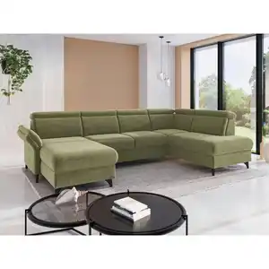 Sit & More Wohnlandschaft Glendale E, Hellgrün, Metall, 7,5-Sitzer, Ottomane rechts, U-Form, 321x193 cm, Goldenes M, Oeko-Tex® Standard 100, Made in Europe, DGM-Klimapakt, Rücken echt, Armteil lin