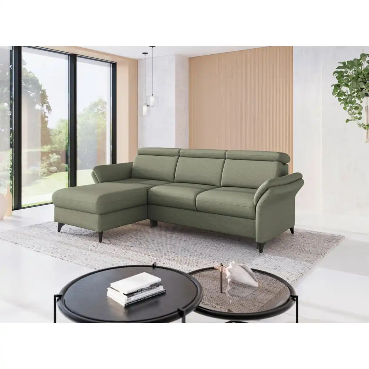 Bild 1 von Sit & More Ecksofa Glendale E, Olivgrün, Metall, 4,5-Sitzer, Ottomane links, L-Form, 253x166 cm, Goldenes M, Oeko-Tex® Standard 100, Made in Europe, DGM-Klimapakt, Rücken echt, Armteil links, rech