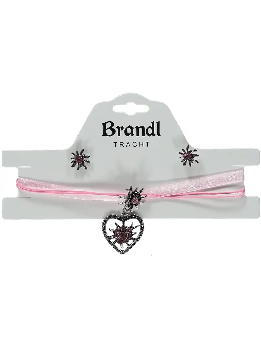 Bild 1 von Trachten Choker mit Herzanhänger und zwei passenden Ohrsteckern Rosa