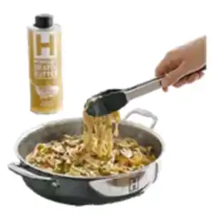 HENSSLERS Servierpfanne mit Glasdeckel Grillzange & HENSSLERS Bratöl mit Butter 500 ml
