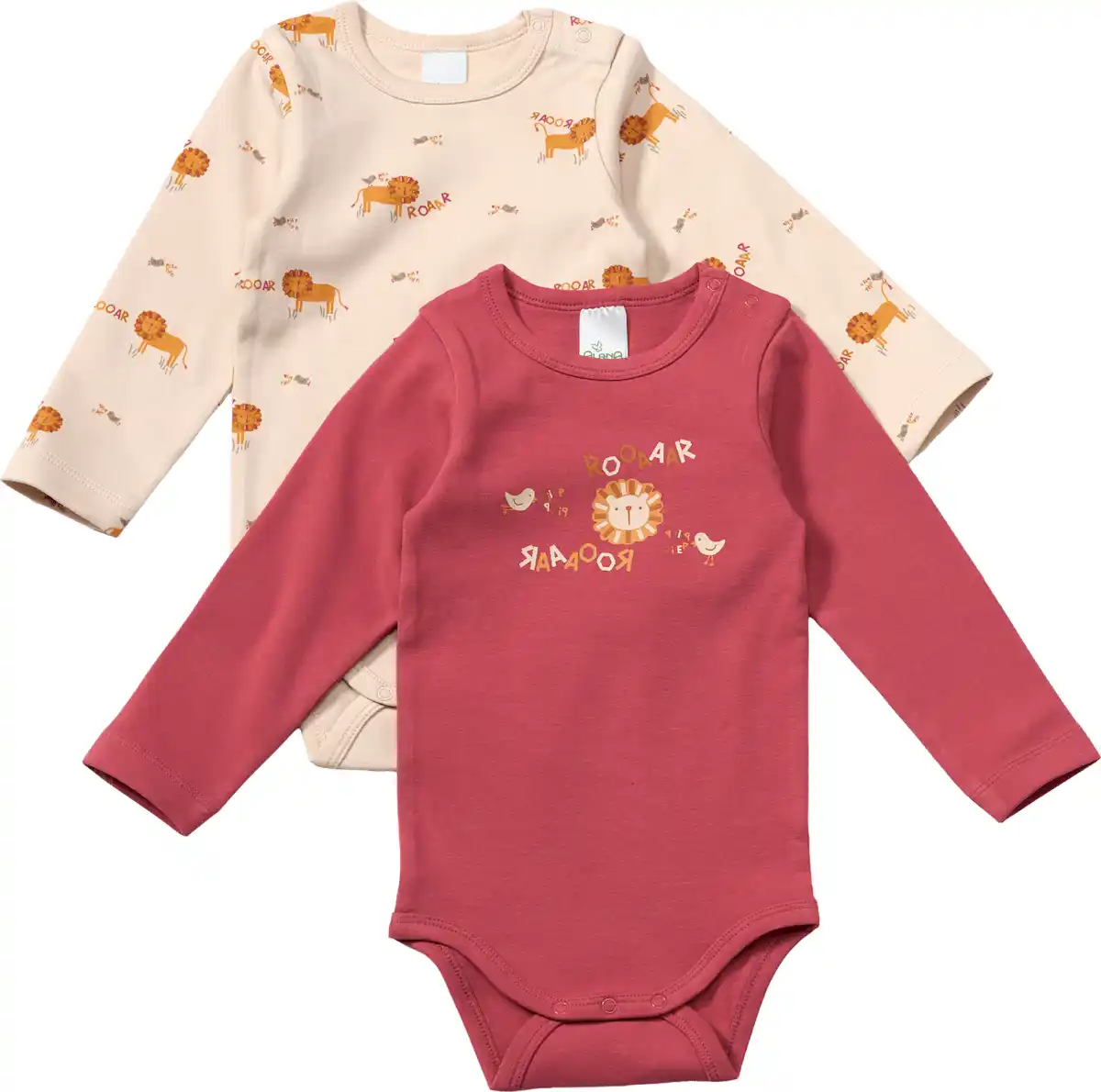 Bild 1 von ALANA Langarm-Bodys mit Löwen-Motiv, rot + beige, Gr. 86/92, 2 St