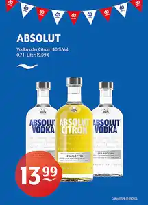 ABSOLUT Vodka oder Citron 40 % Vol.