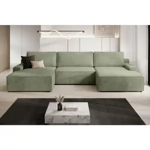 Trendmanufaktur Wohnlandschaft Challenge, Grün, Kunststoff, 6-Sitzer, Füllung: Schaumstoff, U-Form, 333x168 cm, Made in EU, Schlafen auf Sitzhöhe, Rücken echt, Armteil links, rechts, Wohnzimmer,