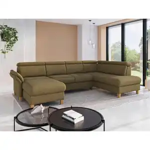 Sit & More Wohnlandschaft Glendale E, Olivgrün, Holz, Eiche, massiv, 7,5-Sitzer, Ottomane rechts, U-Form, 321x193 cm, Goldenes M, Oeko-Tex® Standard 100, Made in Europe, DGM-Klimapakt, Rücken echt