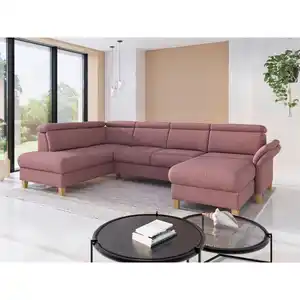 Sit & More Wohnlandschaft Glendale E, Aubergine, Holz, Eiche, massiv, 7,5-Sitzer, Ottomane links, U-Form, 321x193 cm, Goldenes M, Oeko-Tex® Standard 100, Made in Europe, DGM-Klimapakt, Rücken echt,