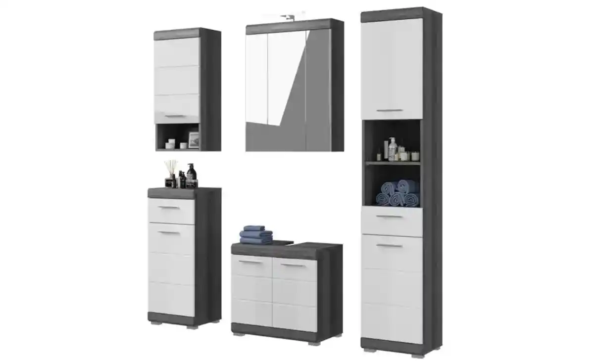 Bild 2 von Badmöbel-Set SCHLOONSEE, 5 teilig, inklusive LED Beleuchtung, bestehend aus: Hochschrank, WBU, Spiegelschrank, Unterschrank, Hängeschrank Schloonsee