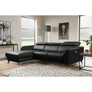 Livetastic Ecksofa, Schwarz, Metall, Echtleder, Rindleder, 3-Sitzer, L-Form, 261x183 cm, Made in EU, Lederauswahl, seitenverkehrt erhältlich, Rücken echt, motorische Relaxfunktion, Wohnzimmer, Sofa